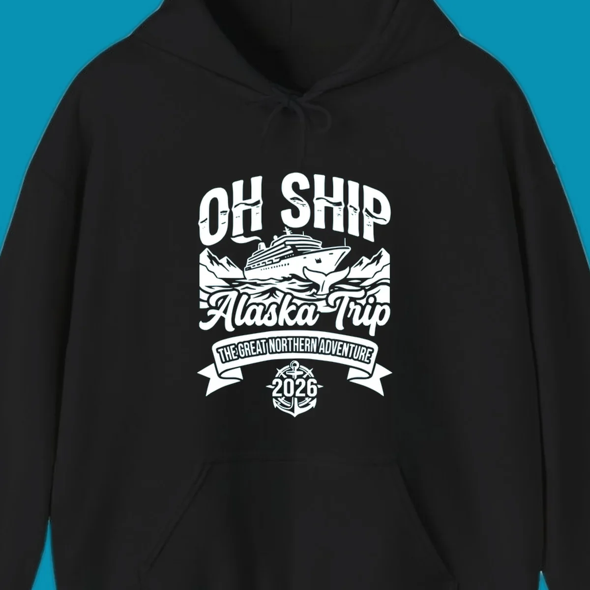 Vintage badge design with cruise ship, whale tail, and mountains for off-ship Alaska adventure trip apparel