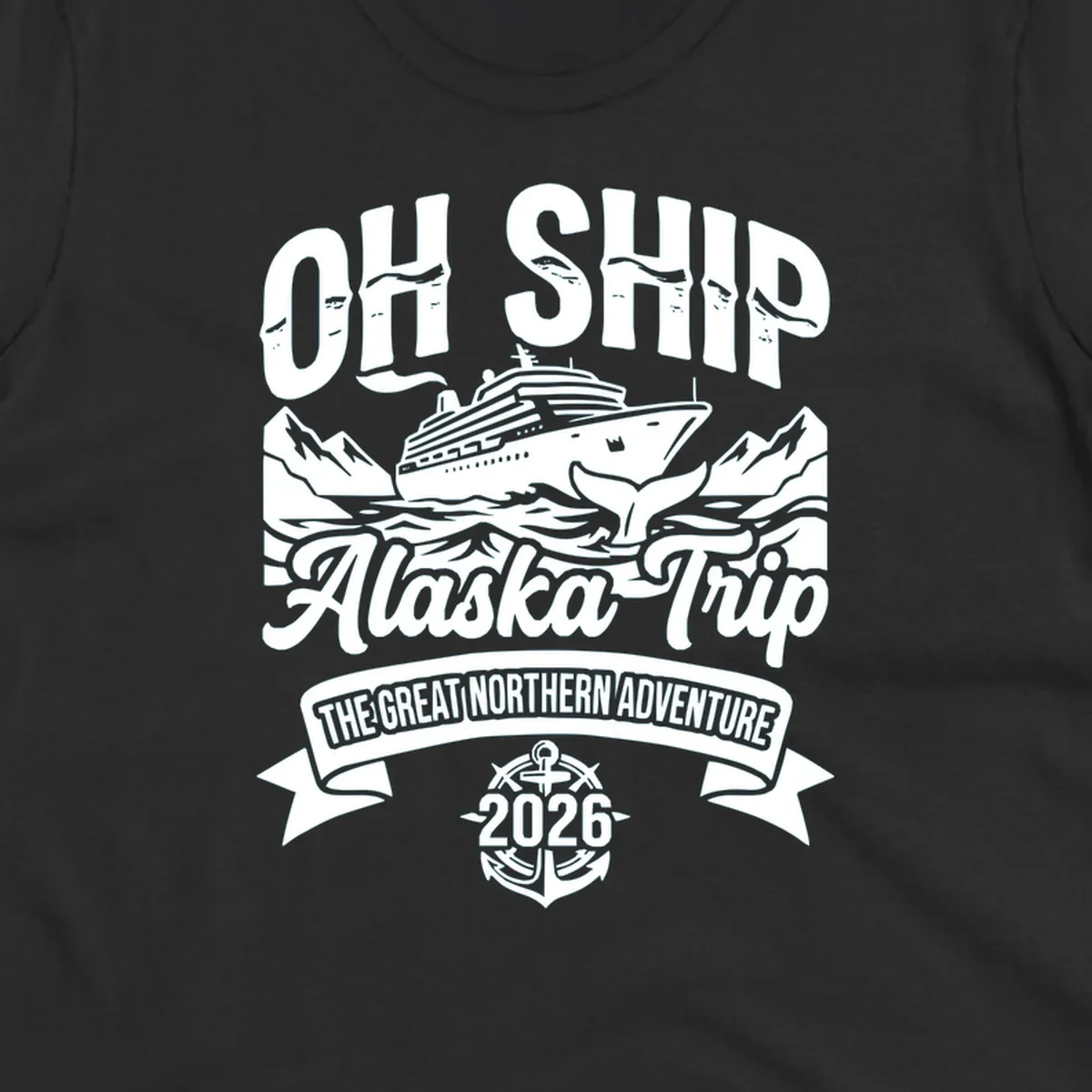 Vintage badge design with cruise ship, whale tail, and mountains for off-ship Alaska adventure trip apparel