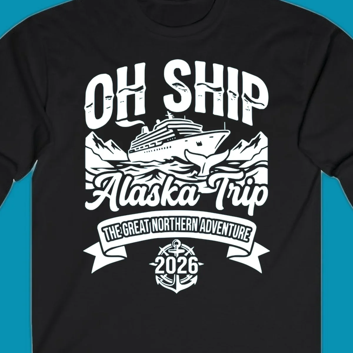 Vintage badge design with cruise ship, whale tail, and mountains for off-ship Alaska adventure trip apparel