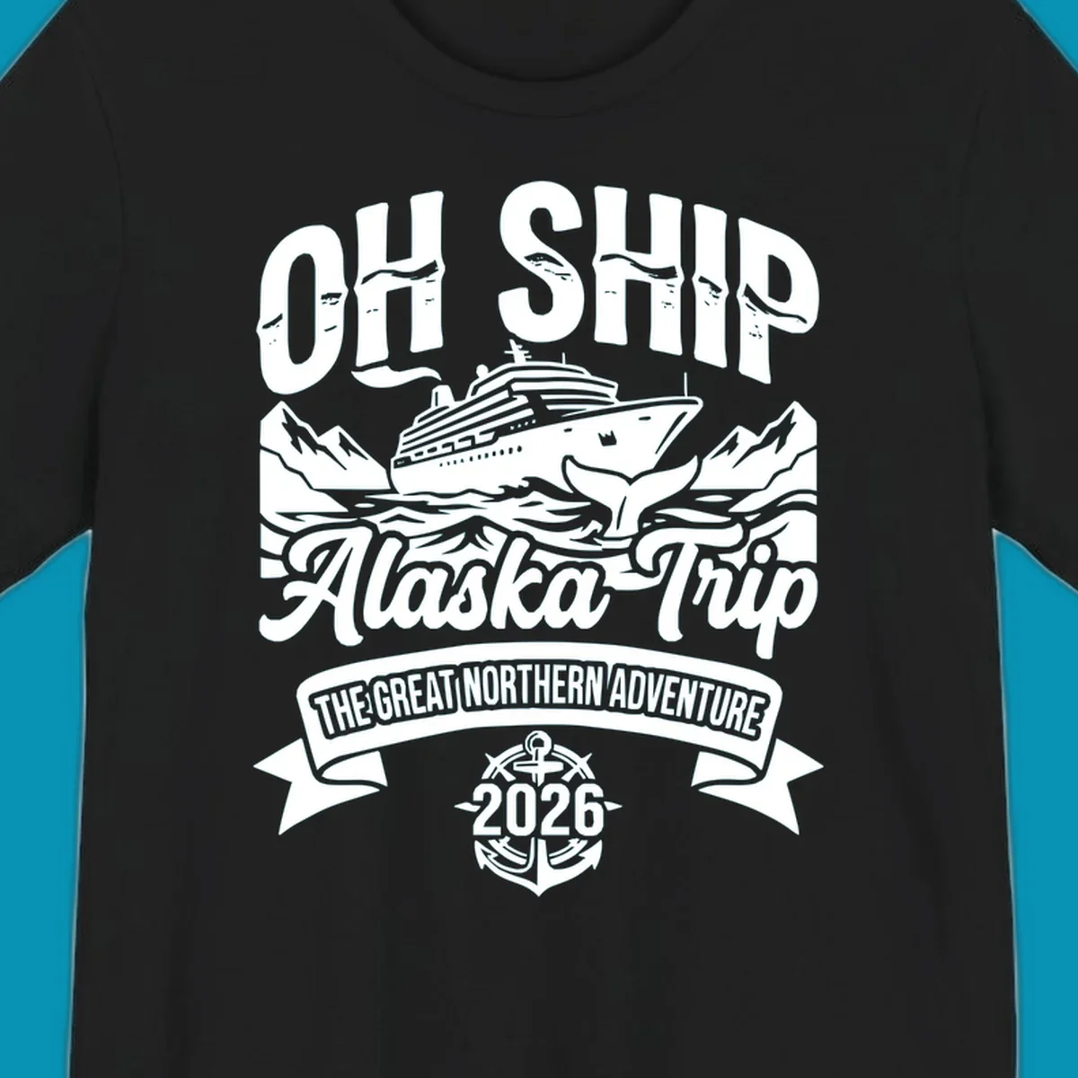 Vintage badge design with cruise ship, whale tail, and mountains for off-ship Alaska adventure trip apparel
