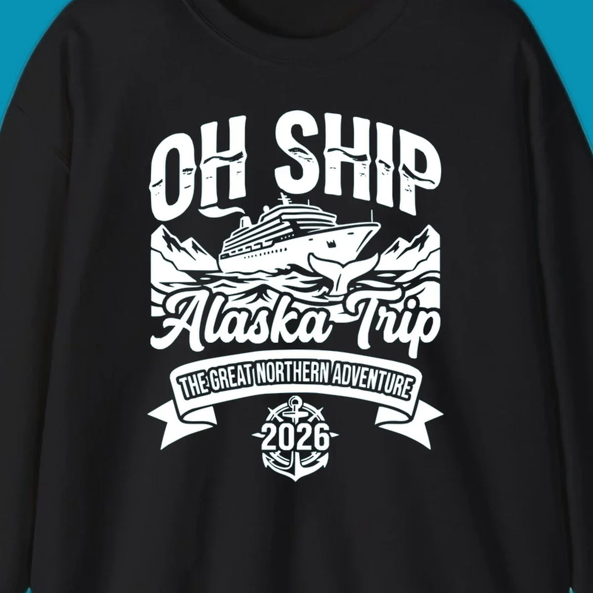 Vintage badge design with cruise ship, whale tail, and mountains for off-ship Alaska adventure trip apparel