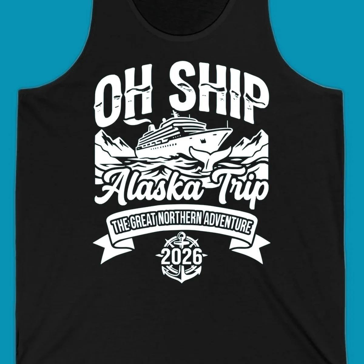 Vintage badge design with cruise ship, whale tail, and mountains for off-ship Alaska adventure trip apparel