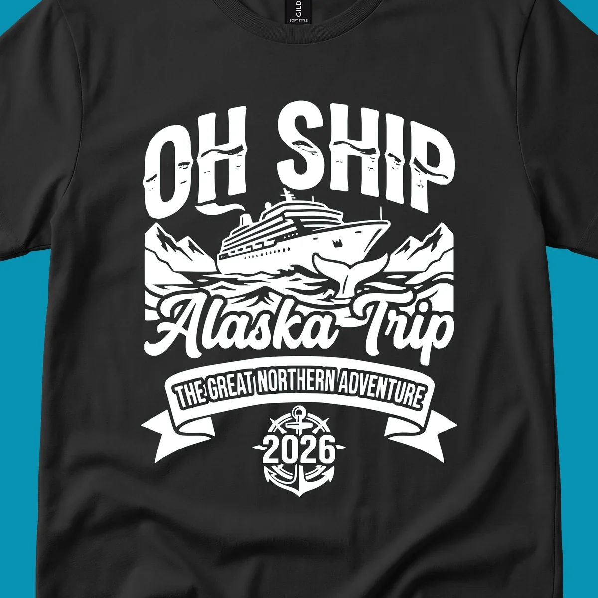 Vintage badge design with cruise ship, whale tail, and mountains for off-ship Alaska adventure trip apparel