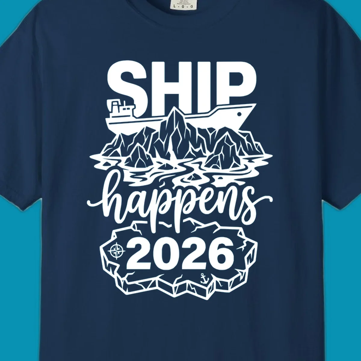 Ship happens Alaska cruise 2026 design with cruise ship, icebergs, mountains, compass and anchor in white on gray