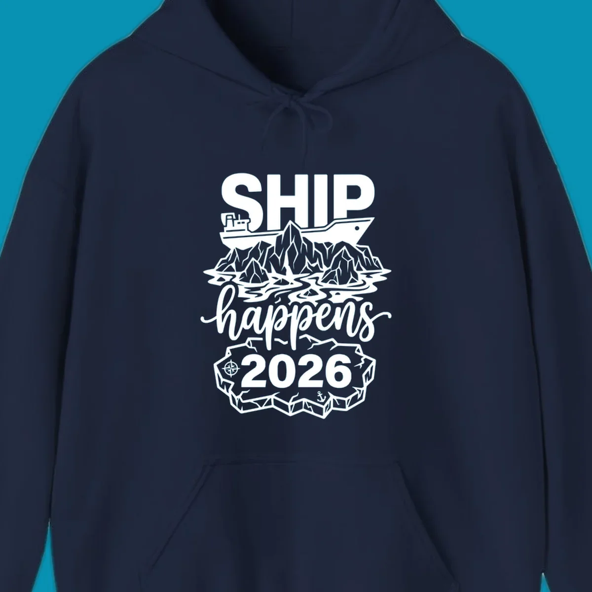 Ship happens Alaska cruise 2026 design with cruise ship, icebergs, mountains, compass and anchor in white on gray