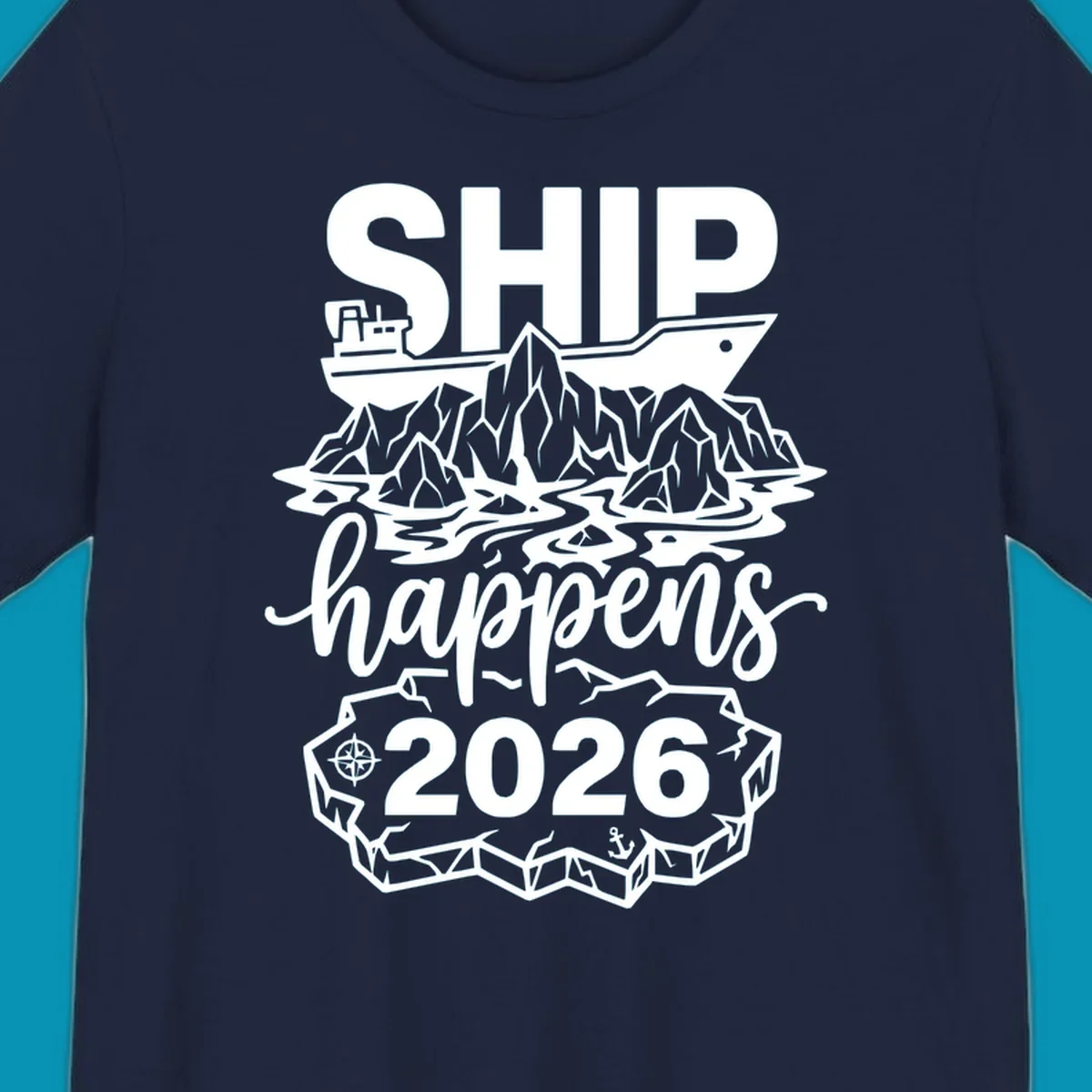 Ship happens Alaska cruise 2026 design with cruise ship, icebergs, mountains, compass and anchor in white on gray