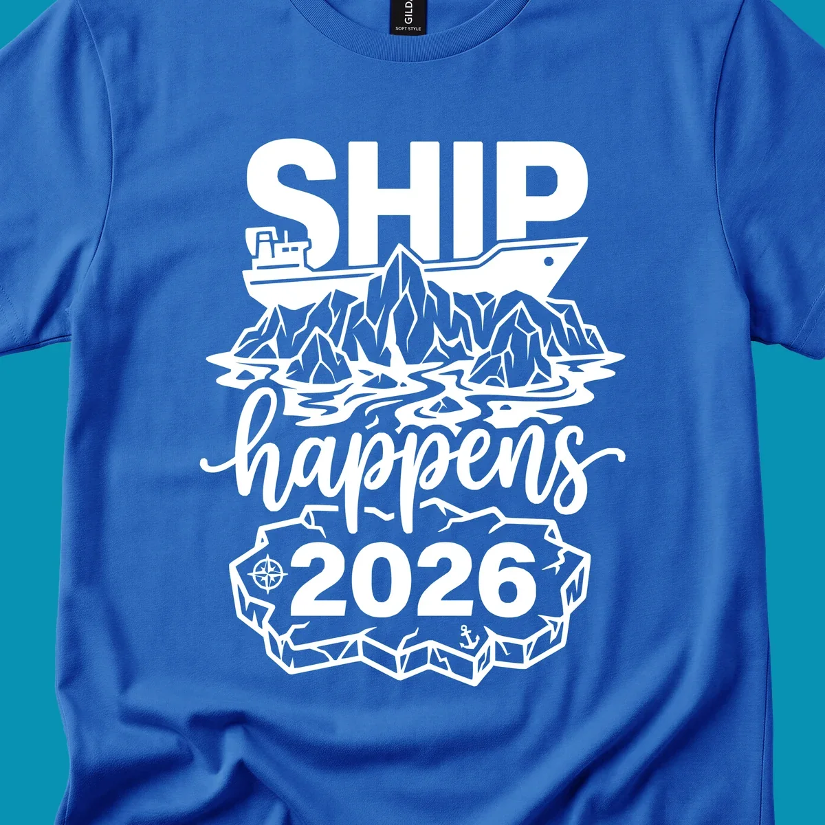 Ship happens Alaska cruise 2026 design with cruise ship, icebergs, mountains, compass and anchor in white on gray