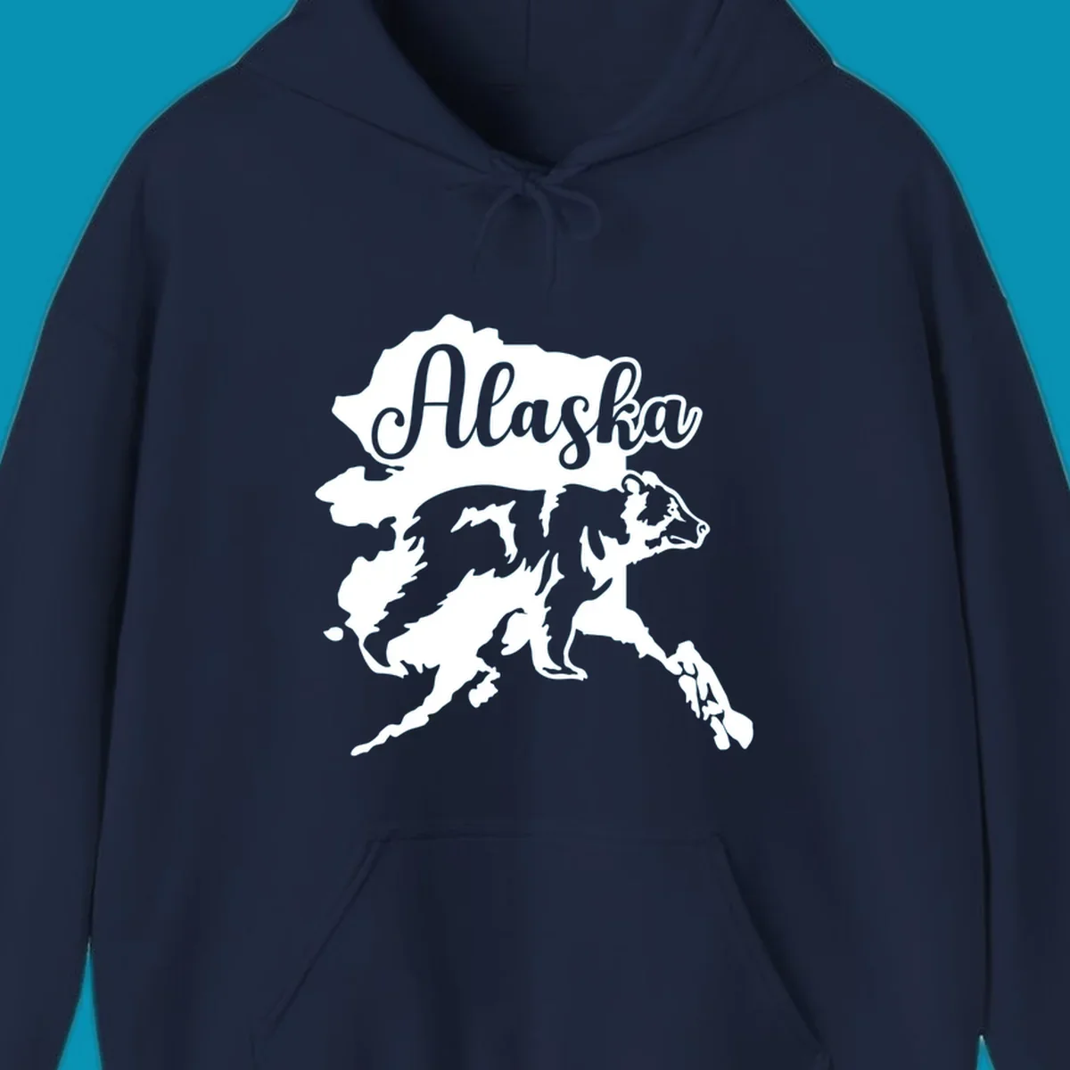 Alaska state map with bear silhouette and 'Alaska' text in elegant script lettering on gray background