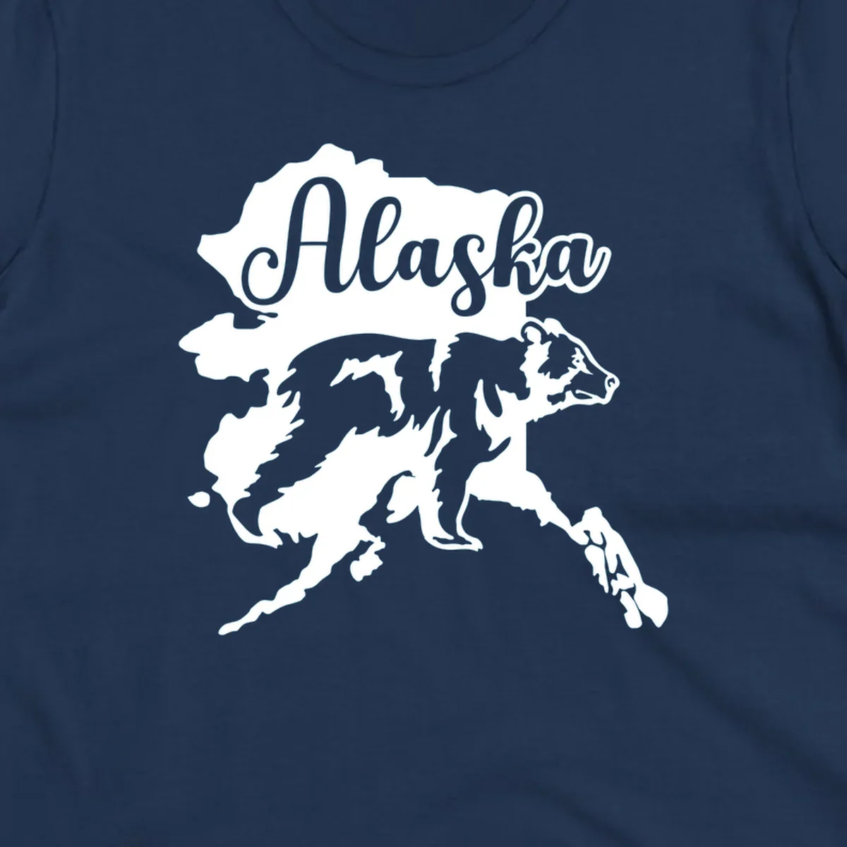 Alaska state map with bear silhouette and 'Alaska' text in elegant script lettering on gray background