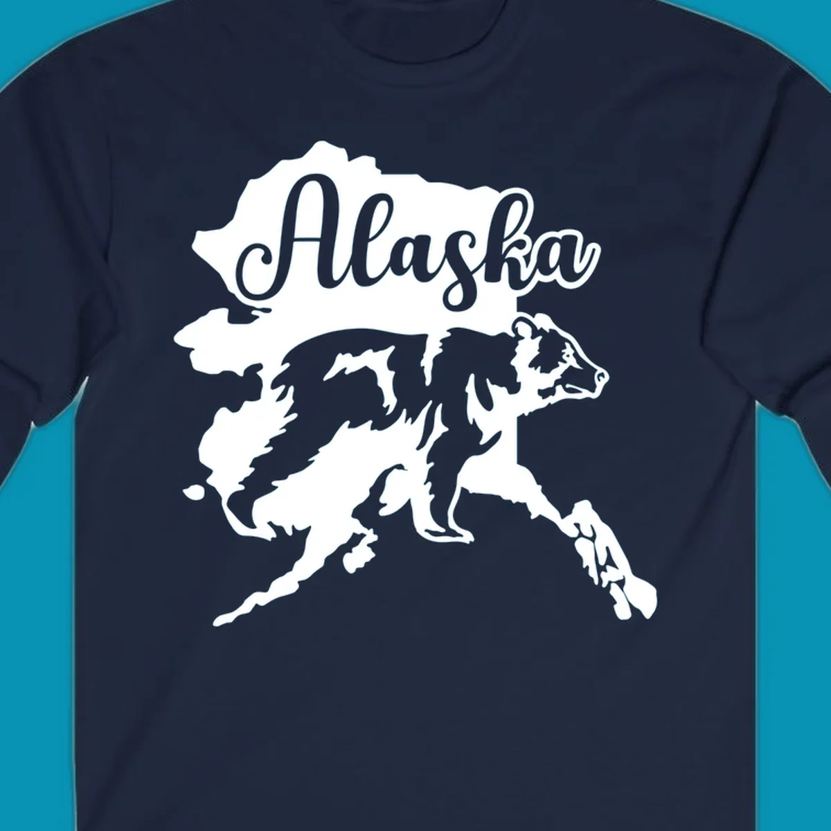 Alaska state map with bear silhouette and 'Alaska' text in elegant script lettering on gray background