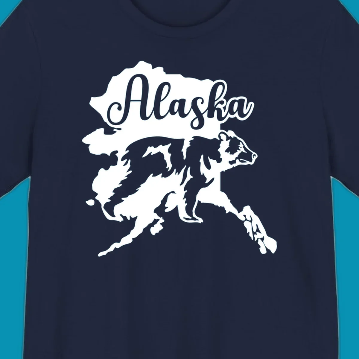 Alaska state map with bear silhouette and 'Alaska' text in elegant script lettering on gray background