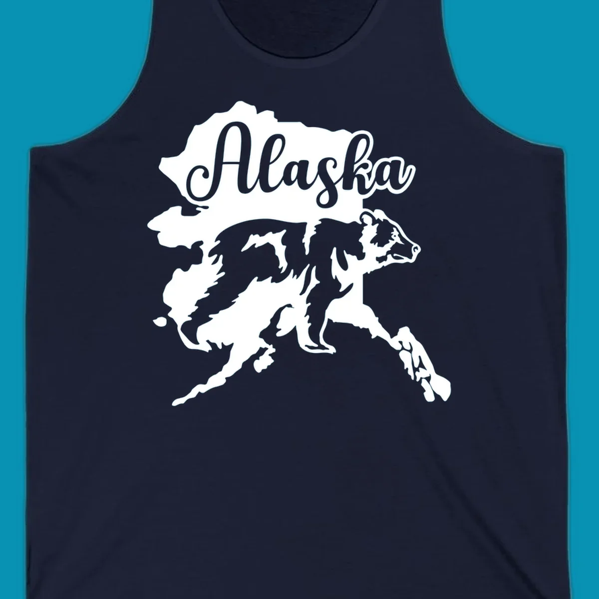 Alaska state map with bear silhouette and 'Alaska' text in elegant script lettering on gray background