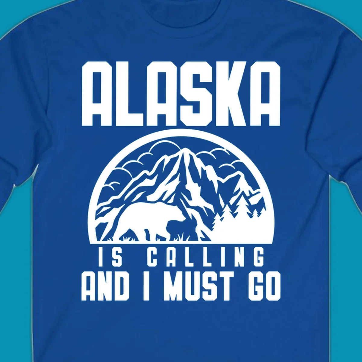 Vintage badge design with 'Alaska Is Calling And I Must Go' text, featuring mountain peak, bear, and evergreen trees