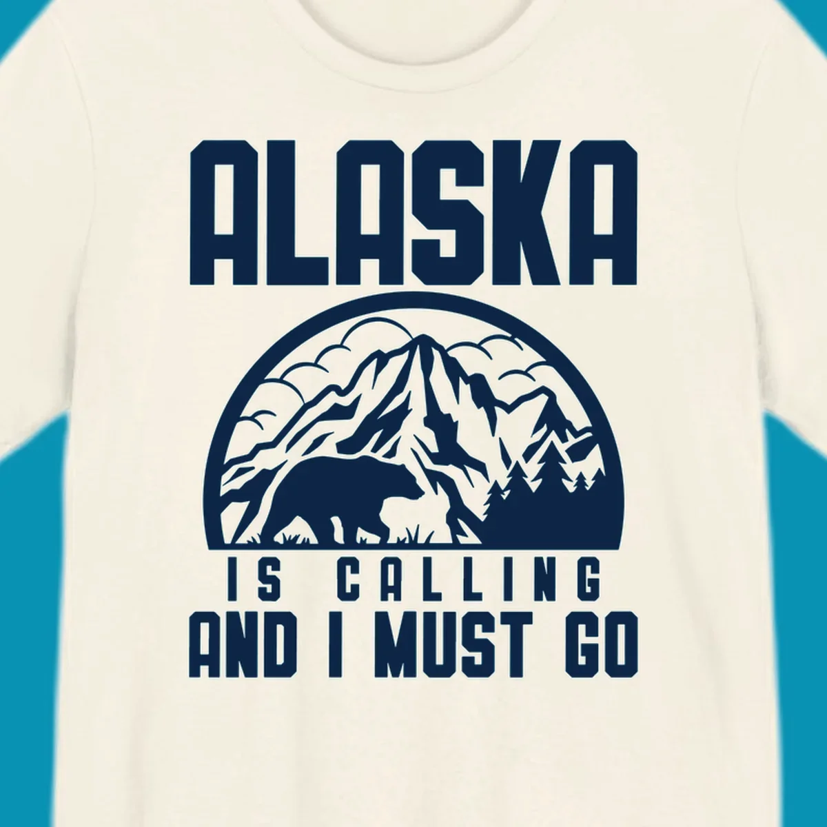 Vintage badge design with 'Alaska Is Calling And I Must Go' text, featuring mountain peak, bear, and evergreen trees