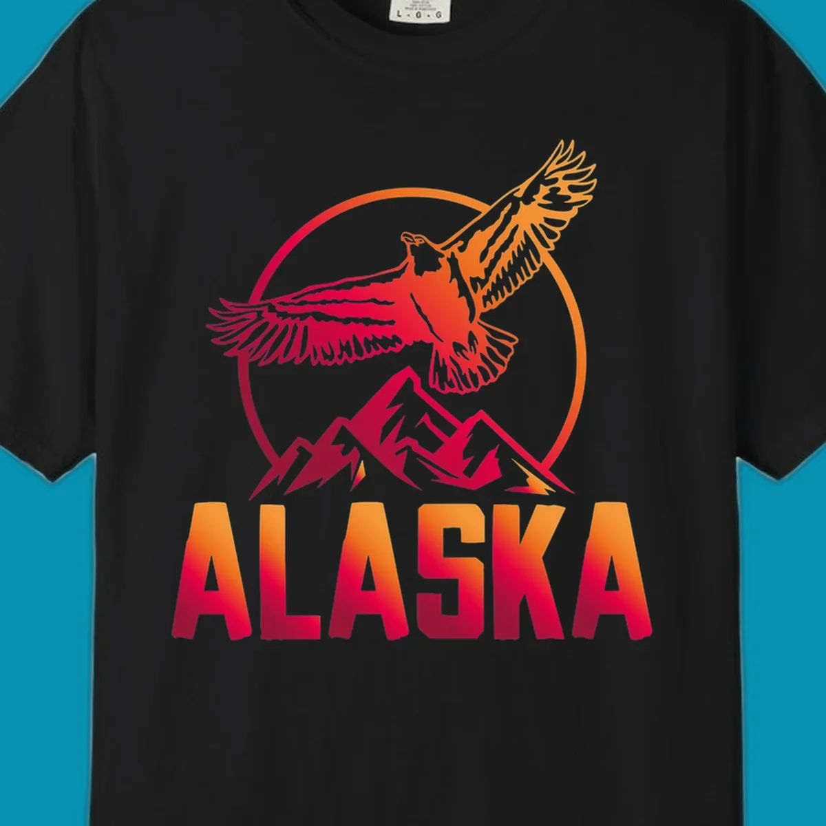 Eagle soaring above snow-capped mountains in red and orange gradient with Alaska text, circular badge design