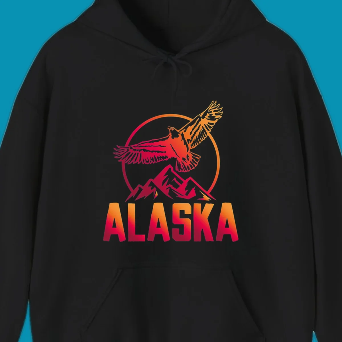 Eagle soaring above snow-capped mountains in red and orange gradient with Alaska text, circular badge design