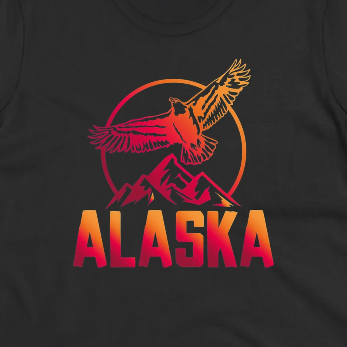 Eagle soaring above snow-capped mountains in red and orange gradient with Alaska text, circular badge design