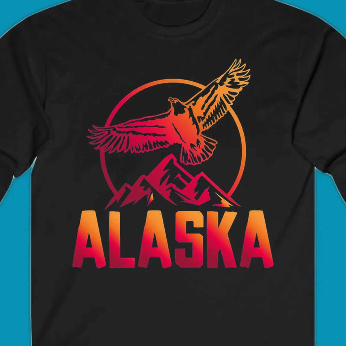 Eagle soaring above snow-capped mountains in red and orange gradient with Alaska text, circular badge design