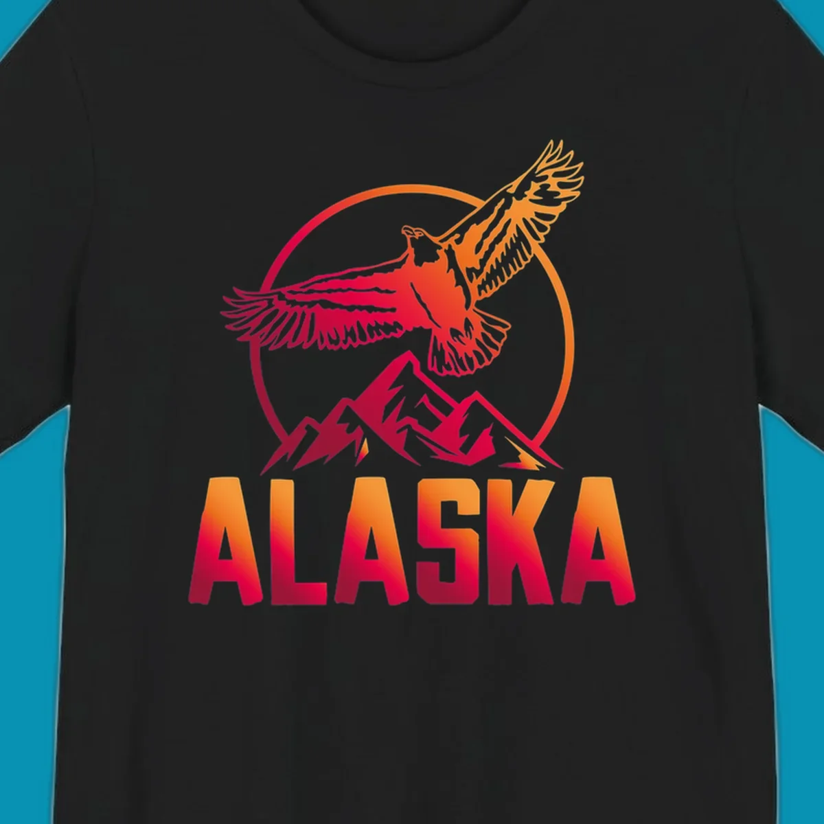 Eagle soaring above snow-capped mountains in red and orange gradient with Alaska text, circular badge design