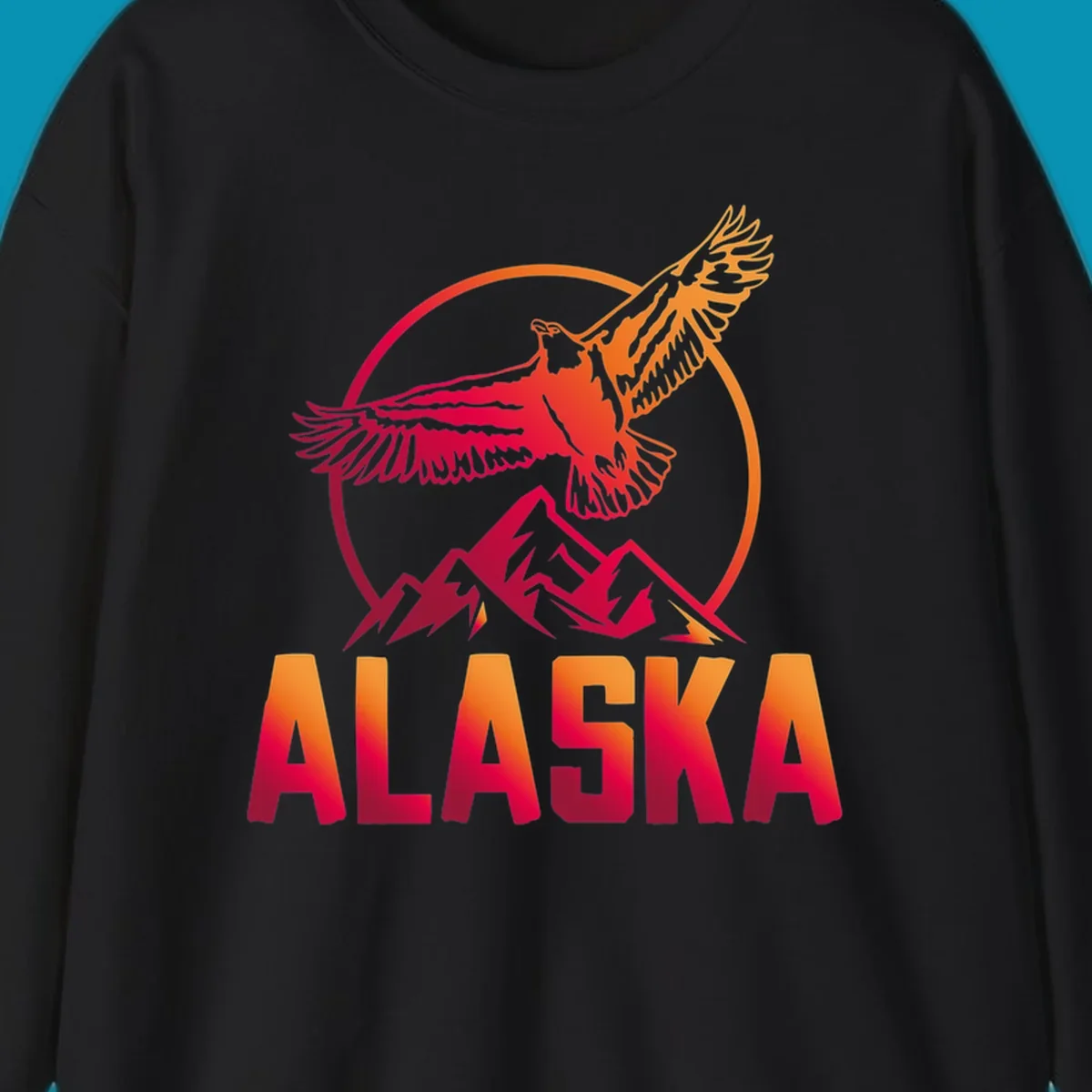 Eagle soaring above snow-capped mountains in red and orange gradient with Alaska text, circular badge design