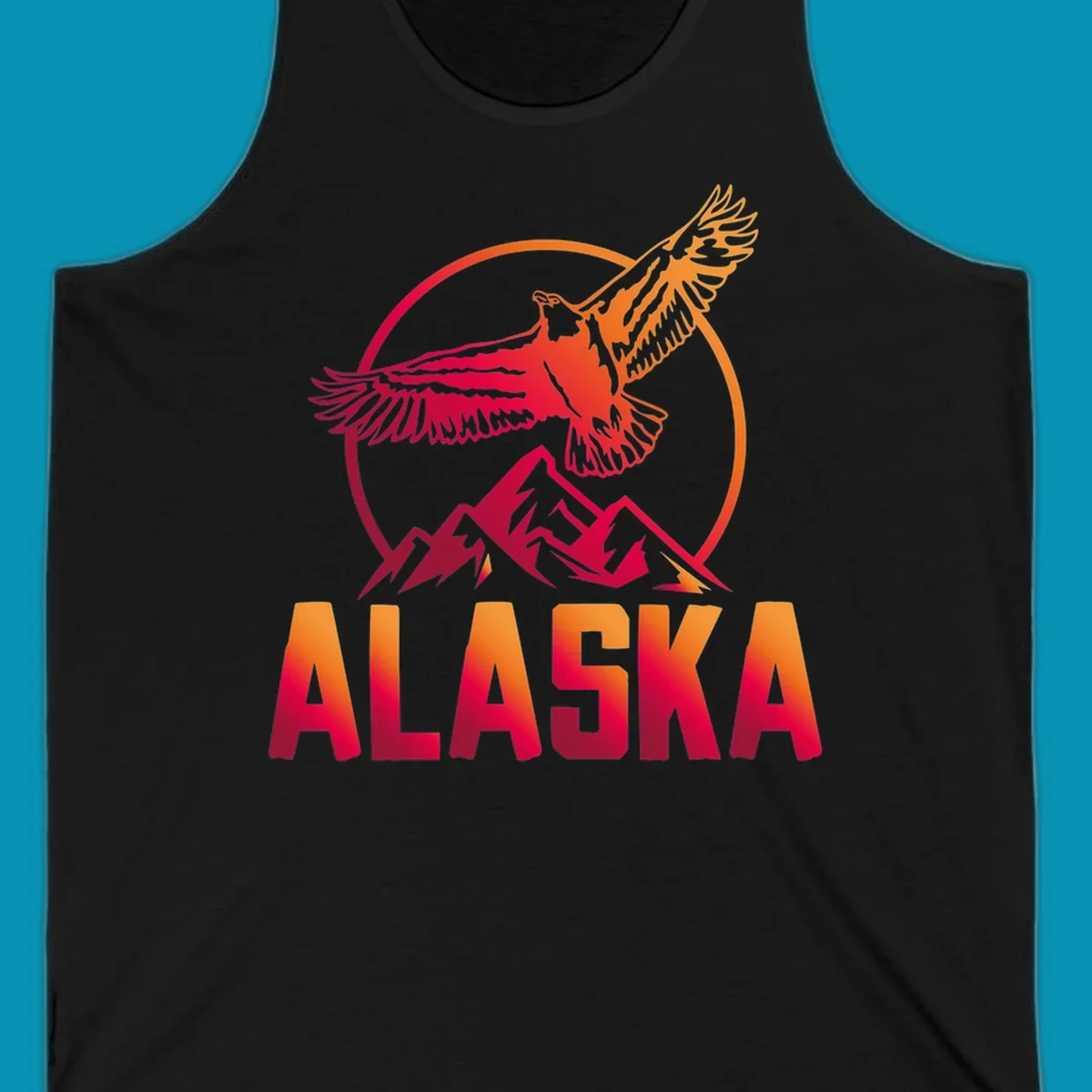 Eagle soaring above snow-capped mountains in red and orange gradient with Alaska text, circular badge design