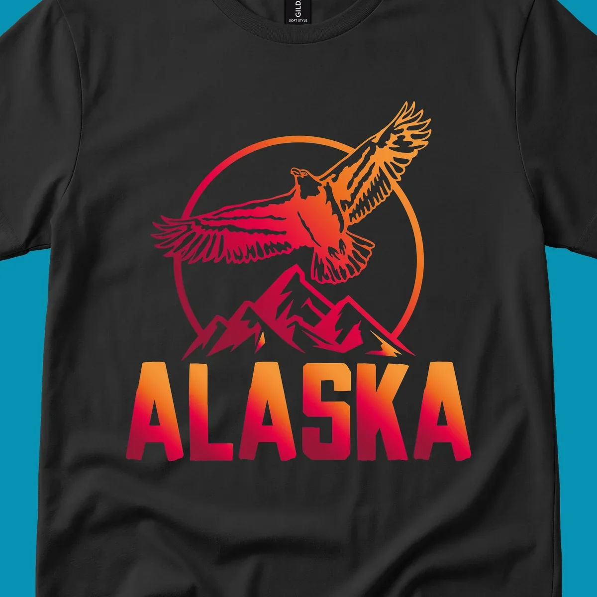 Eagle soaring above snow-capped mountains in red and orange gradient with Alaska text, circular badge design