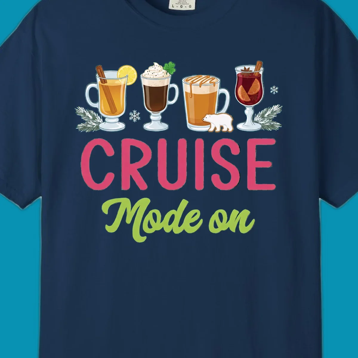 Cruise mode on holiday drinks design featuring four festive winter beverages with cinnamon sticks, citrus, and foliage accents.