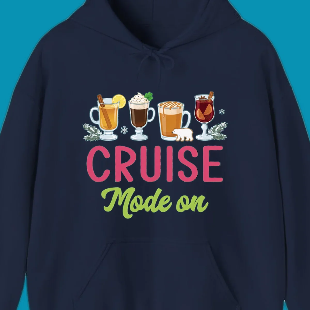 Cruise mode on holiday drinks design featuring four festive winter beverages with cinnamon sticks, citrus, and foliage accents.