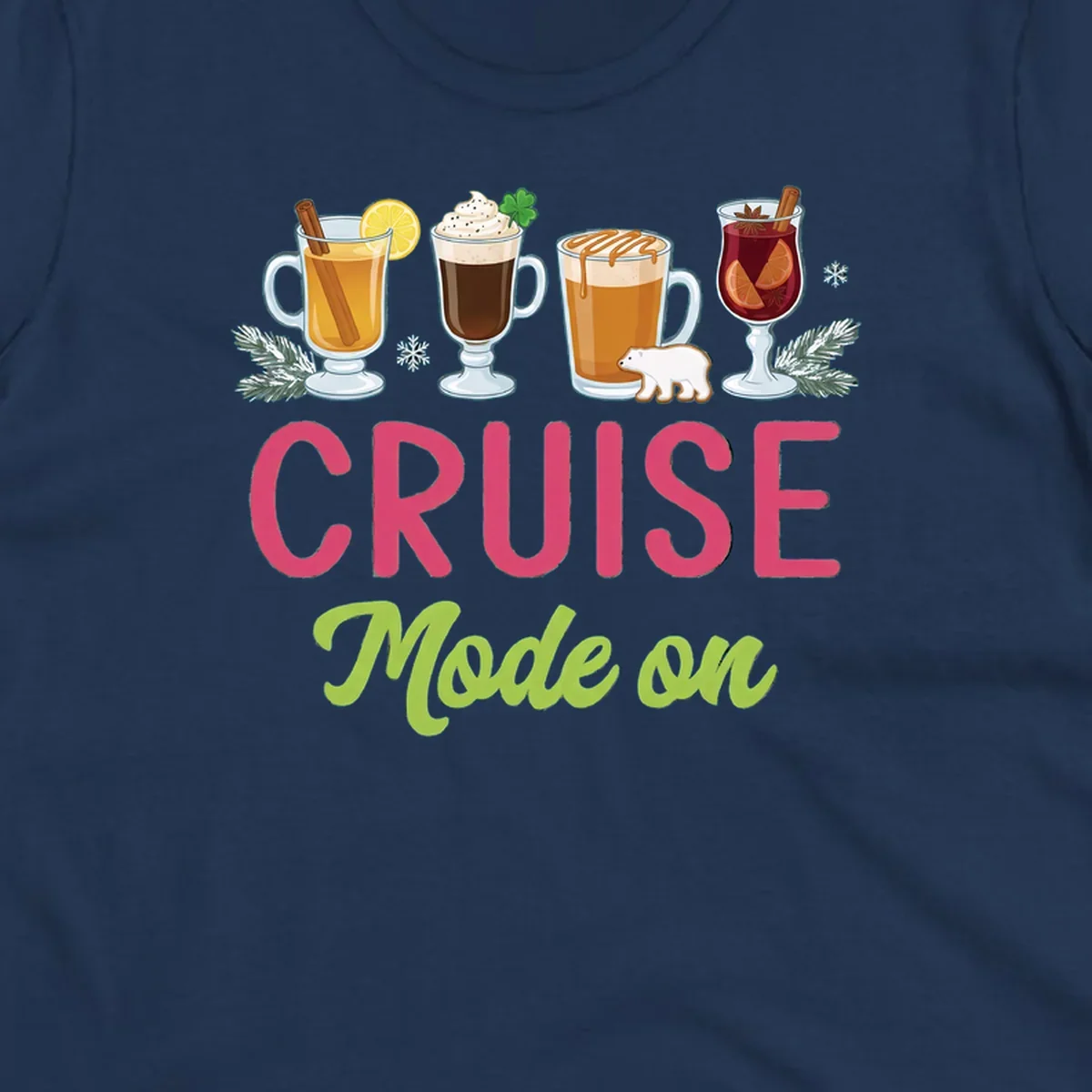Cruise mode on holiday drinks design featuring four festive winter beverages with cinnamon sticks, citrus, and foliage accents.