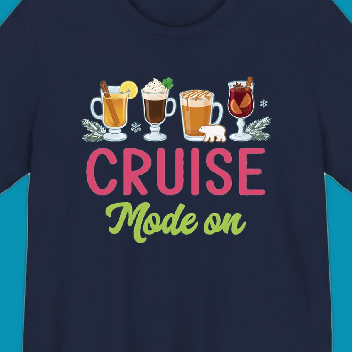 Cruise mode on holiday drinks design featuring four festive winter beverages with cinnamon sticks, citrus, and foliage accents.