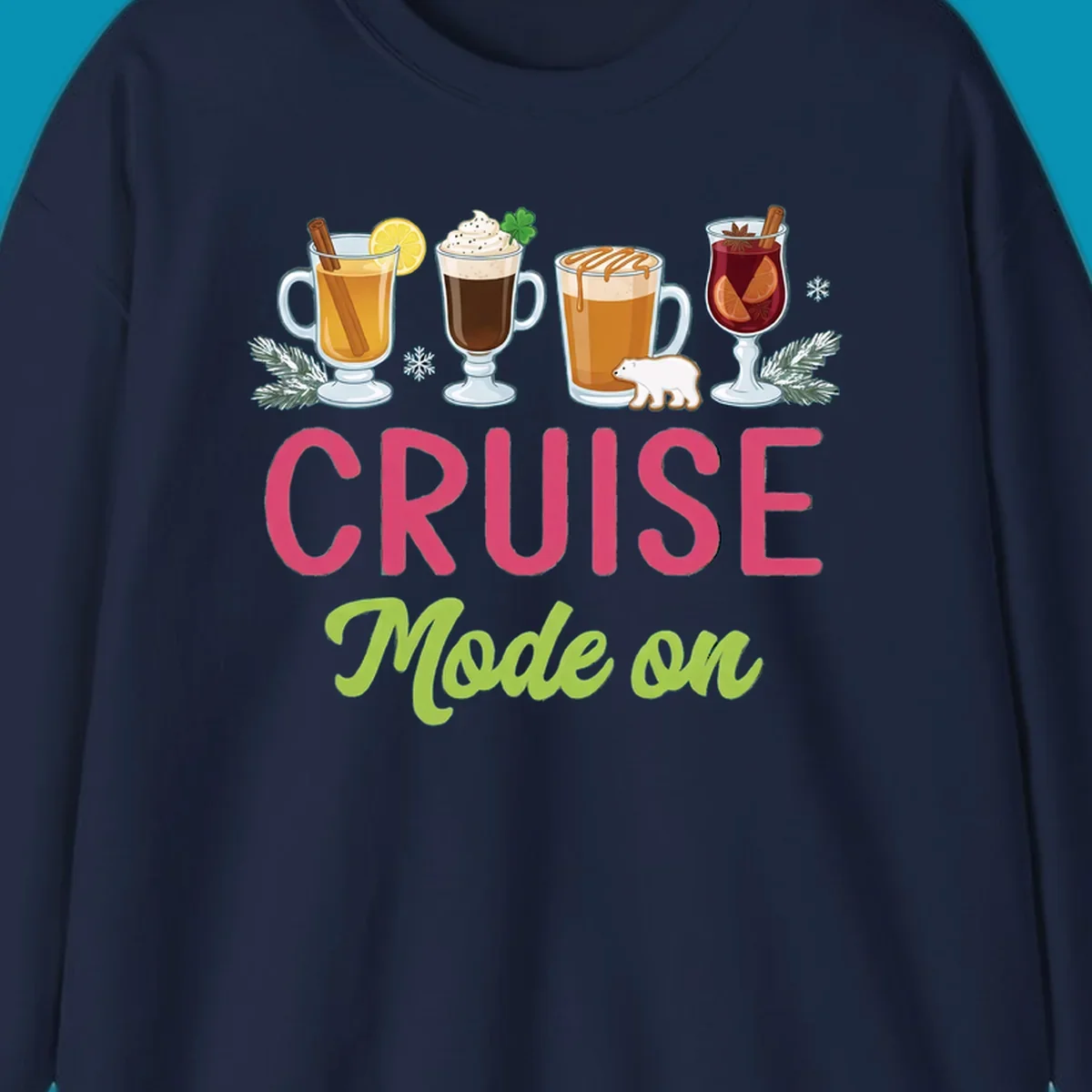 Cruise mode on holiday drinks design featuring four festive winter beverages with cinnamon sticks, citrus, and foliage accents.