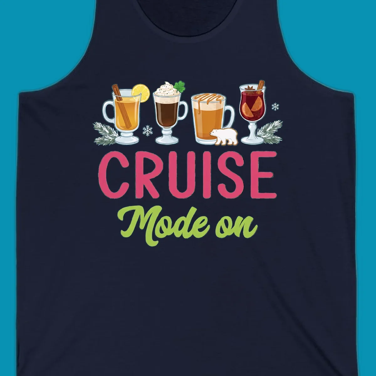 Cruise mode on holiday drinks design featuring four festive winter beverages with cinnamon sticks, citrus, and foliage accents.