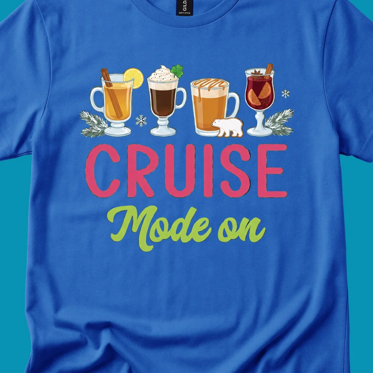 Cruise mode on holiday drinks design featuring four festive winter beverages with cinnamon sticks, citrus, and foliage accents.