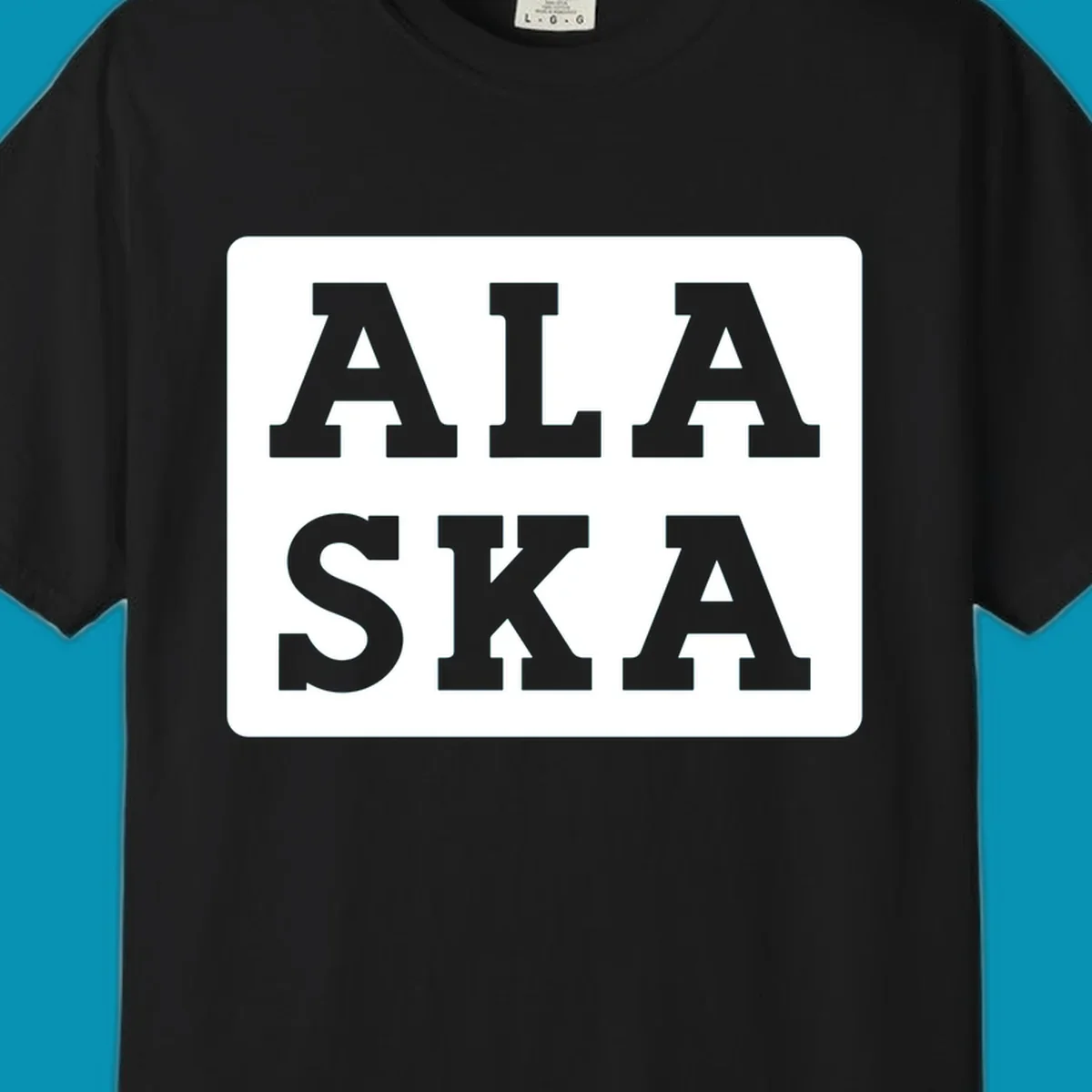 Bold gray block letters spelling 'ALA SKA' with geometric triangle cutouts, creating a playful Alaska pun design