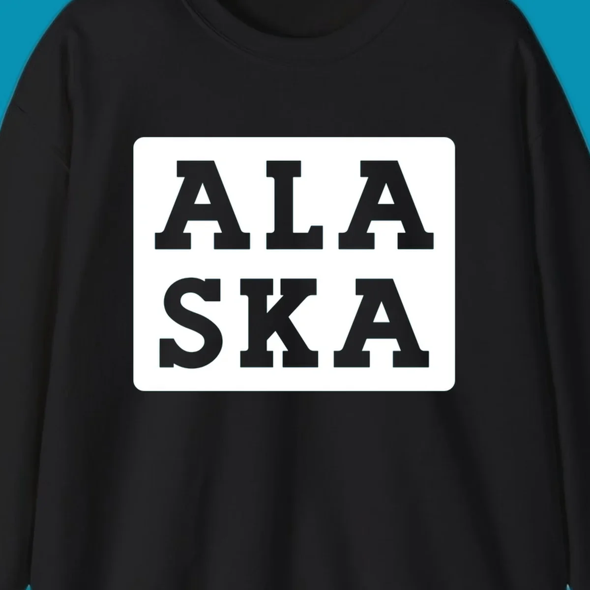 Bold gray block letters spelling 'ALA SKA' with geometric triangle cutouts, creating a playful Alaska pun design