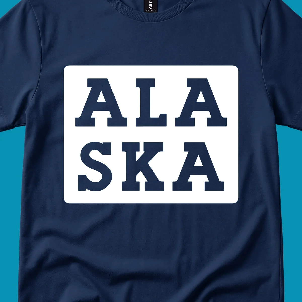 Bold gray block letters spelling 'ALA SKA' with geometric triangle cutouts, creating a playful Alaska pun design