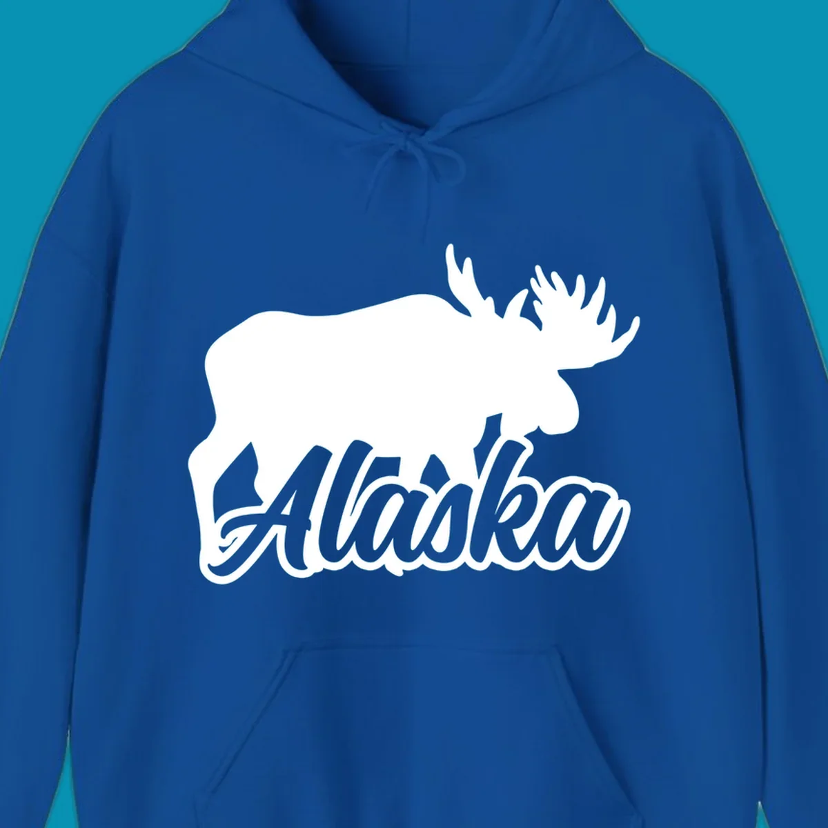 White moose silhouette with branching antlers above stylized 'Alaska' text in gray lettering on gray background