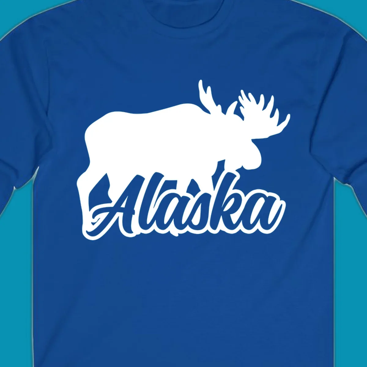 White moose silhouette with branching antlers above stylized 'Alaska' text in gray lettering on gray background