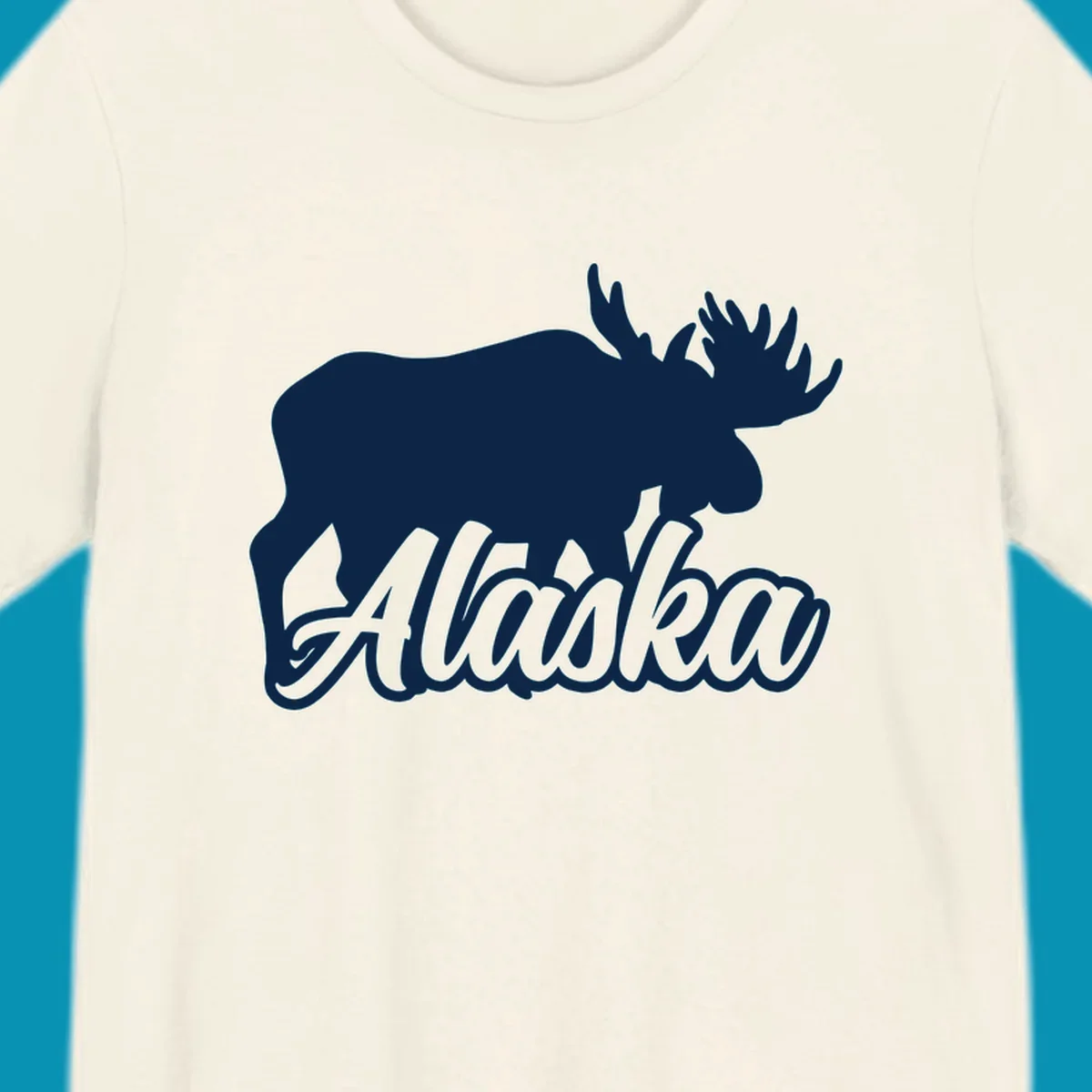 White moose silhouette with branching antlers above stylized 'Alaska' text in gray lettering on gray background
