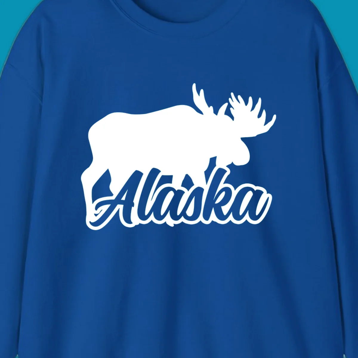 White moose silhouette with branching antlers above stylized 'Alaska' text in gray lettering on gray background