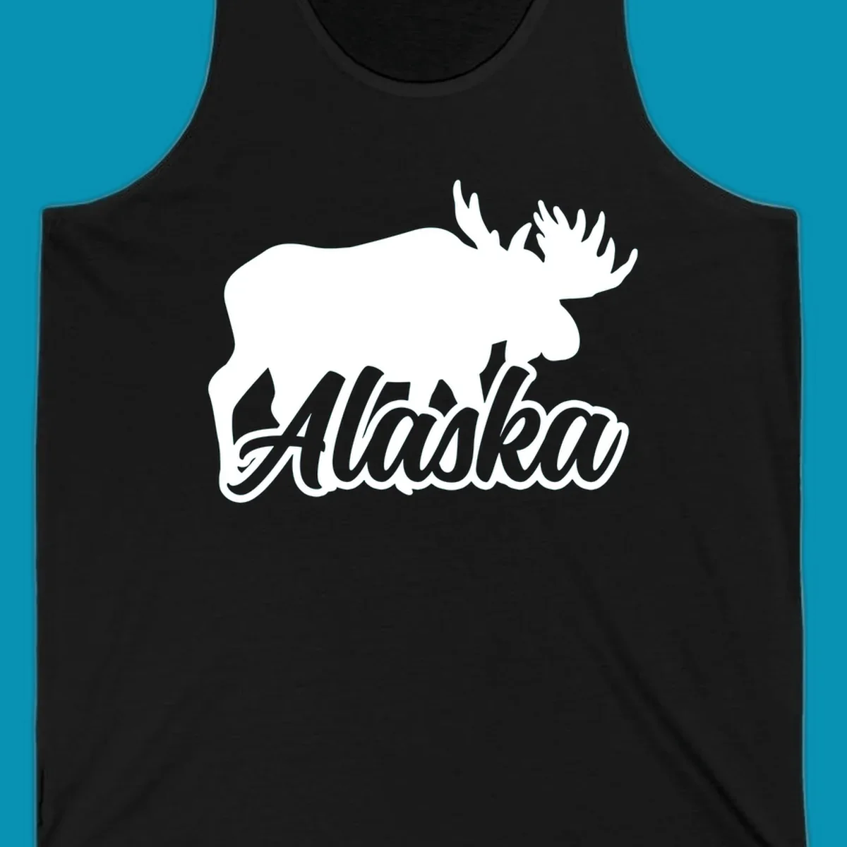 White moose silhouette with branching antlers above stylized 'Alaska' text in gray lettering on gray background