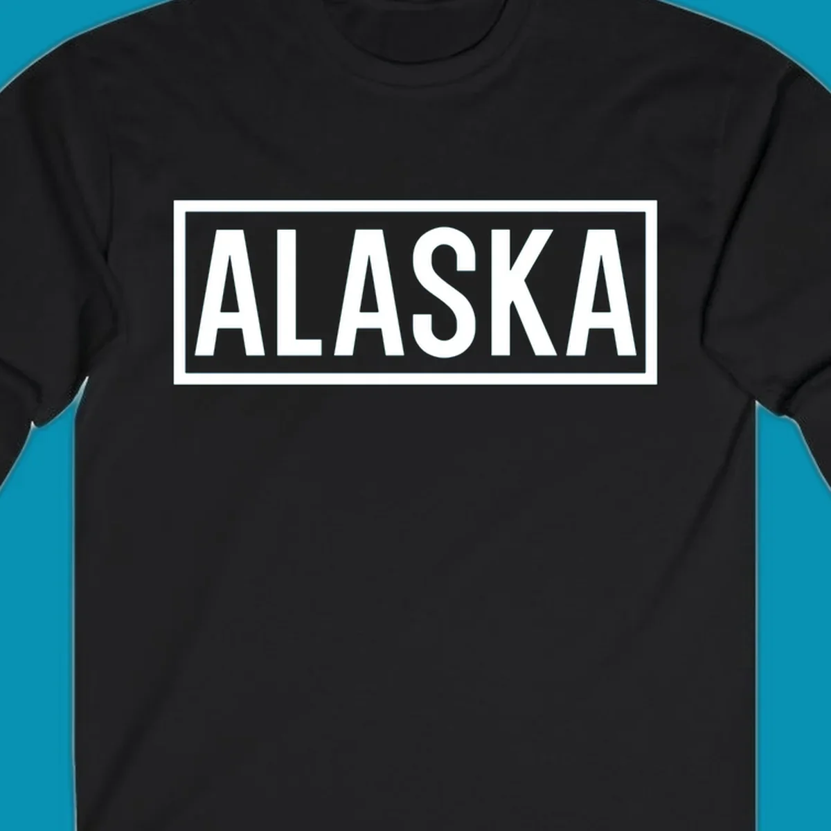 Bold white 'ALASKA' text centered in gray rectangular frame with white border—Alaska bold statement cruise design
