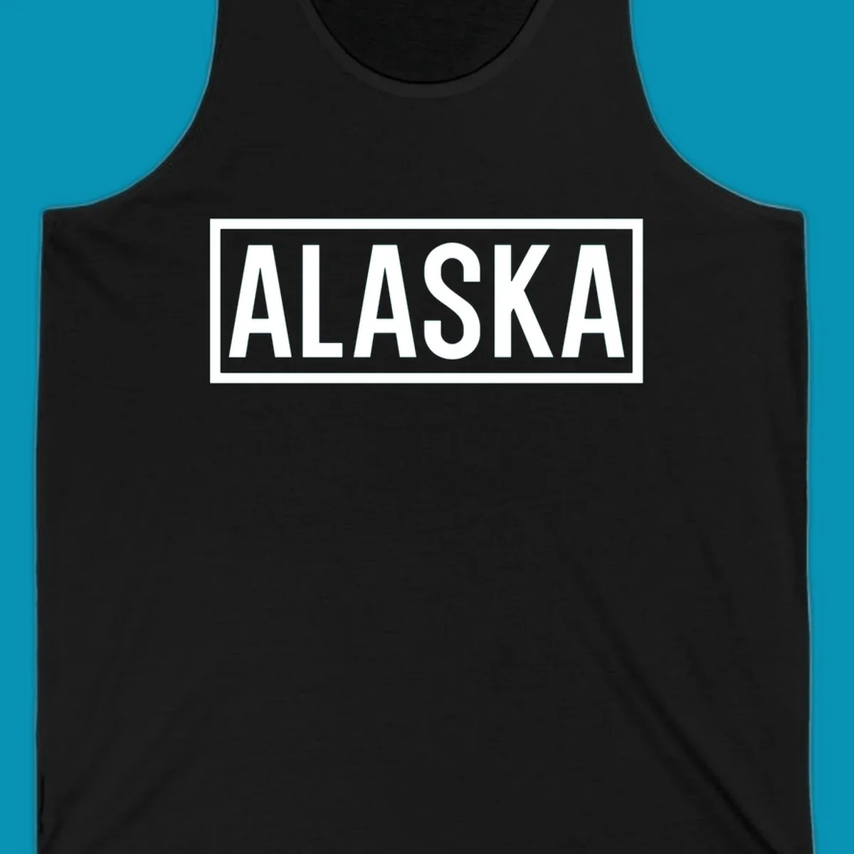 Bold white 'ALASKA' text centered in gray rectangular frame with white border—Alaska bold statement cruise design