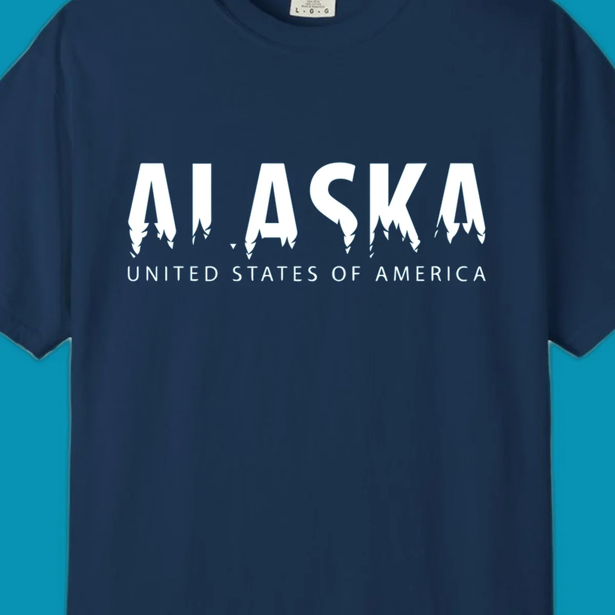 Alaska pine forest map design featuring white letters with integrated tree silhouettes and "United States of America" text on gray background