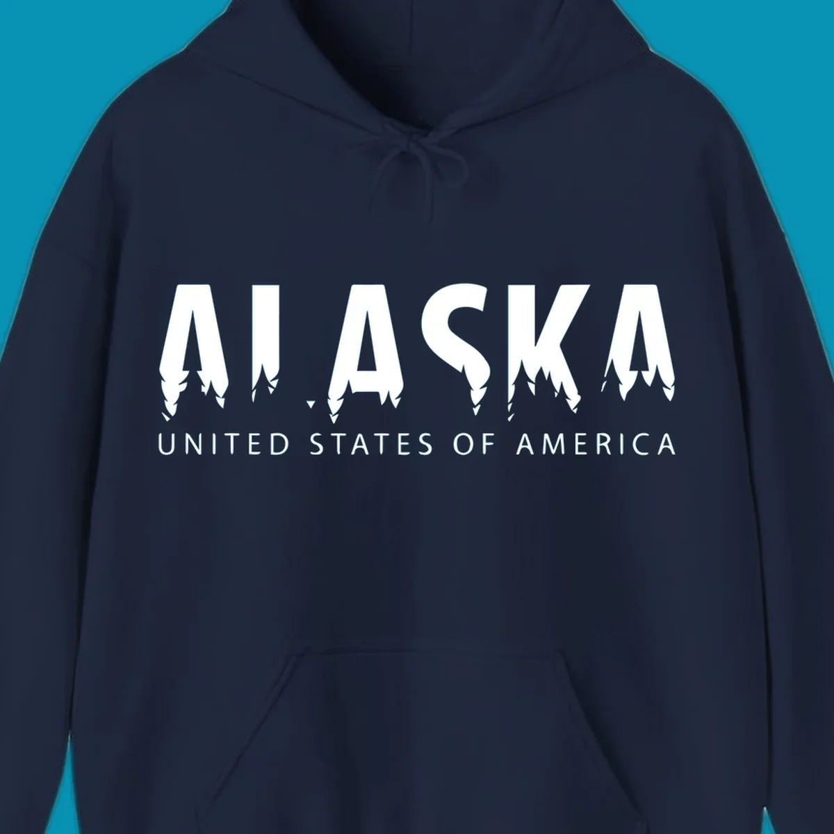 Alaska pine forest map design featuring white letters with integrated tree silhouettes and "United States of America" text on gray background