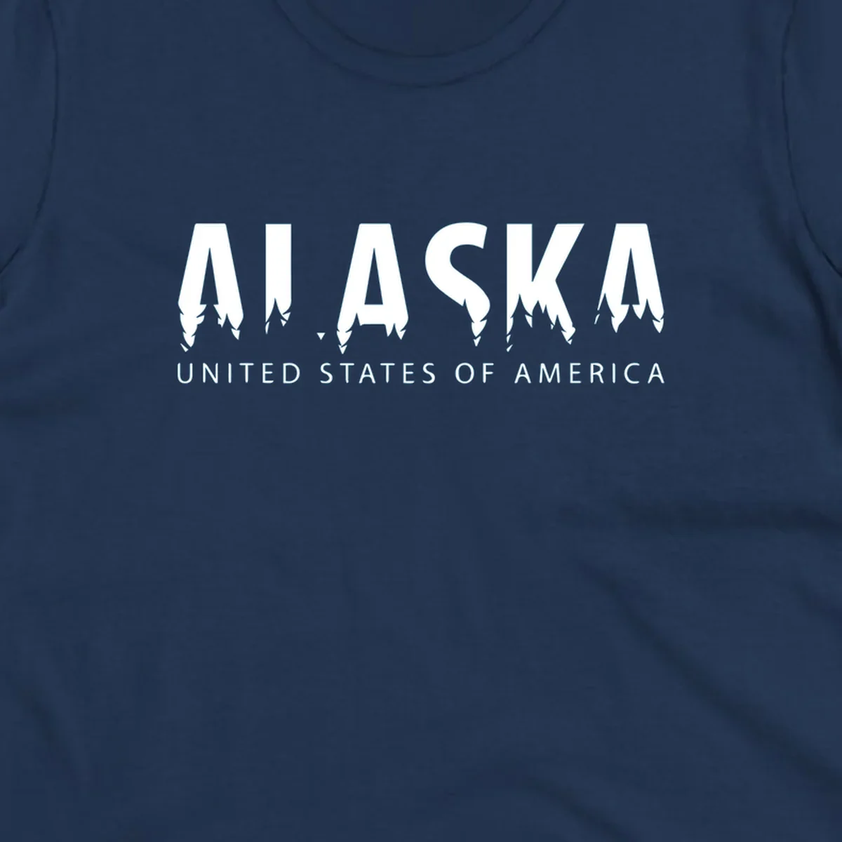 Alaska pine forest map design featuring white letters with integrated tree silhouettes and "United States of America" text on gray background