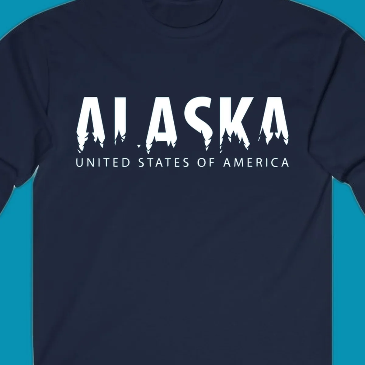 Alaska pine forest map design featuring white letters with integrated tree silhouettes and "United States of America" text on gray background