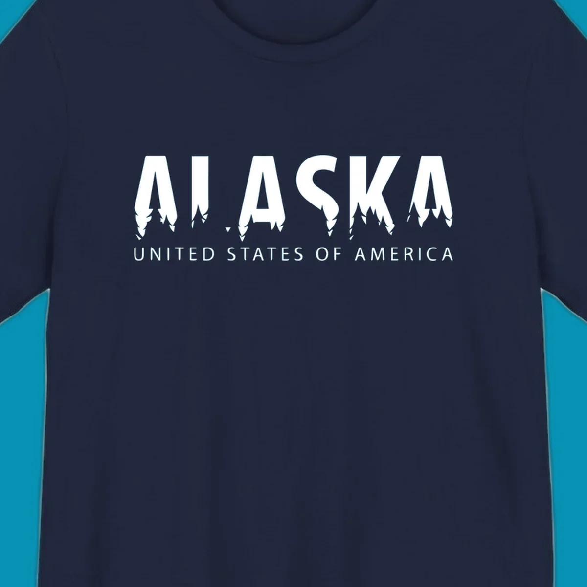 Alaska pine forest map design featuring white letters with integrated tree silhouettes and "United States of America" text on gray background