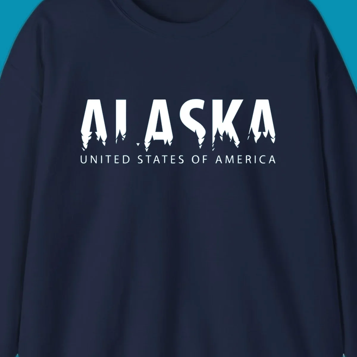Alaska pine forest map design featuring white letters with integrated tree silhouettes and "United States of America" text on gray background