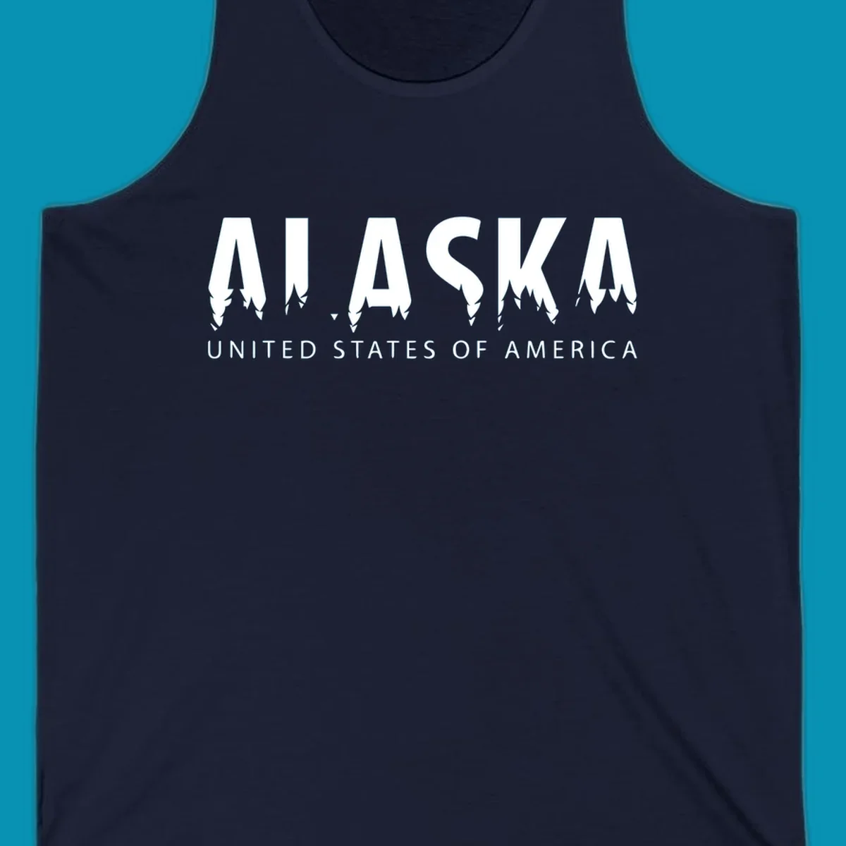 Alaska pine forest map design featuring white letters with integrated tree silhouettes and "United States of America" text on gray background
